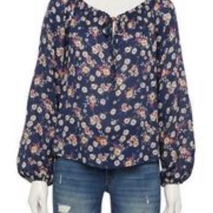 Junior floral navy convertible pullover shoulder blouse